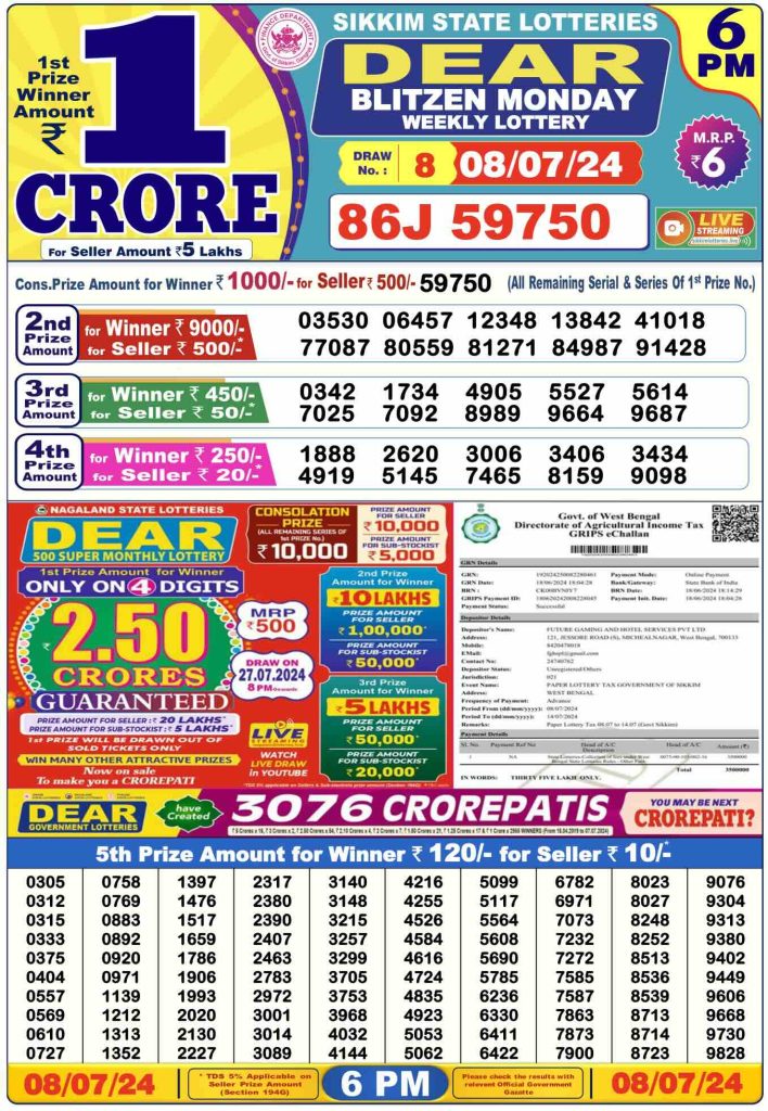 Dhankesari Result 8.7.2024 Today 1 PM, 6 PM, 8 PM Lottery Sambad