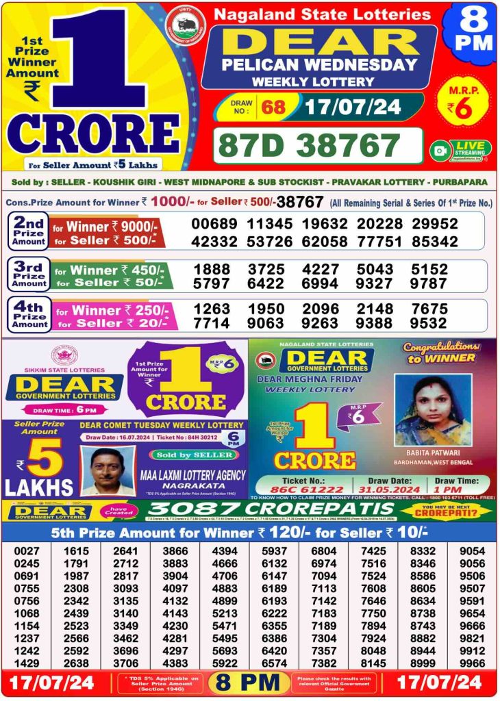 Dhankesari Result 17.7.2024 Today 1 PM, 6 PM, 8 PM Lottery Sambad